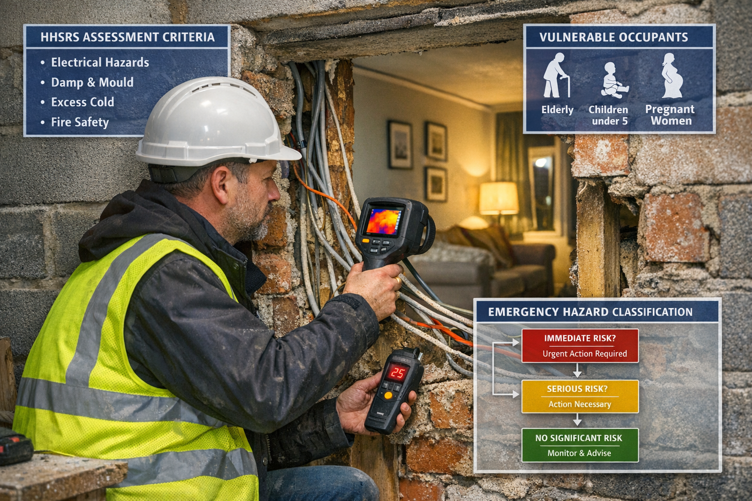 () scene showing professional surveyor in high-visibility vest conducting electrical hazard assessment in party wall cavity