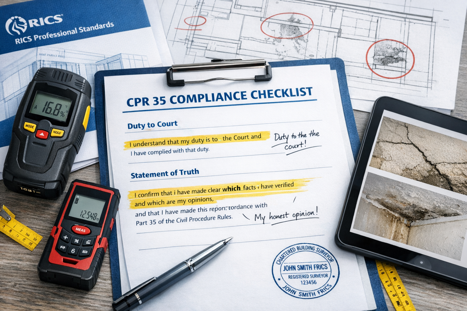 Detailed () image showing close-up of professional expert witness report document with 'CPR 35 Compliance Checklist' header