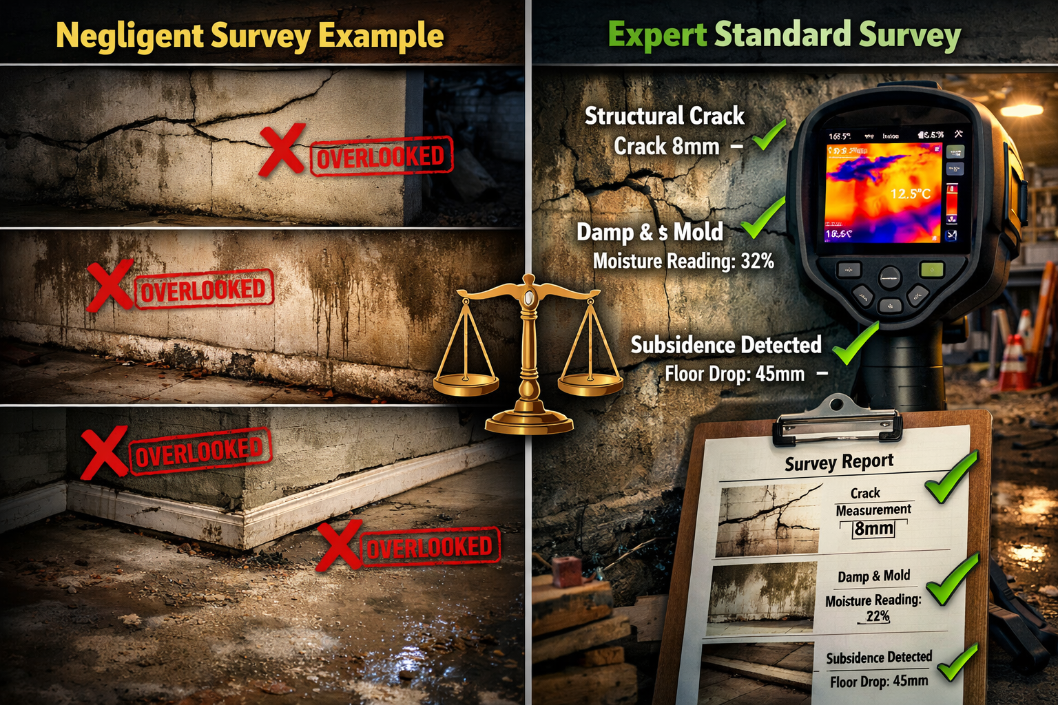 () split-screen comparison image showing two contrasting building survey scenarios. Left side displays 'Negligent Survey