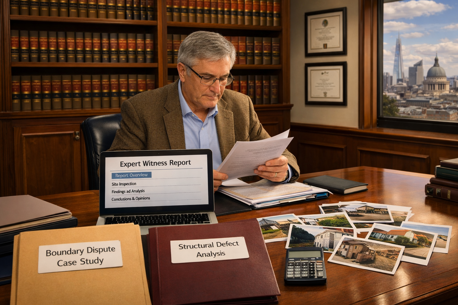 () image depicting expert witness testimony preparation scene with building surveyor reviewing case materials at conference