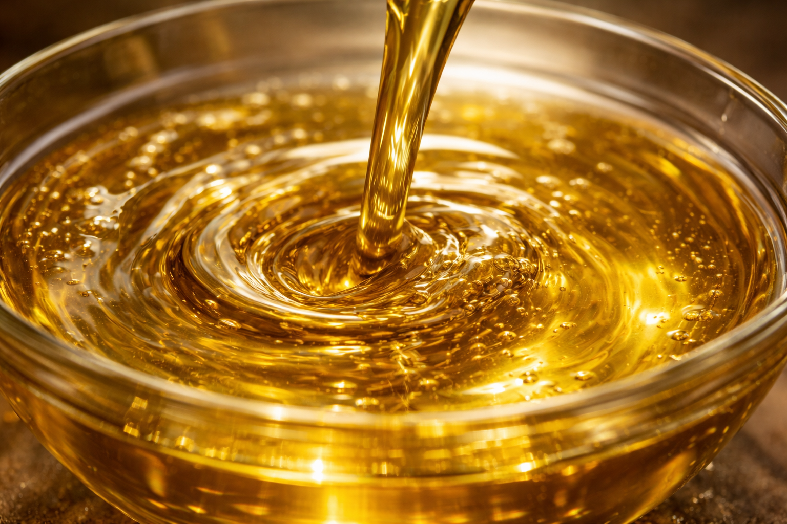Nahaufnahme der goldenen Olivenöl-Textur beim Eingießen in eine Schüssel. KI Visual.