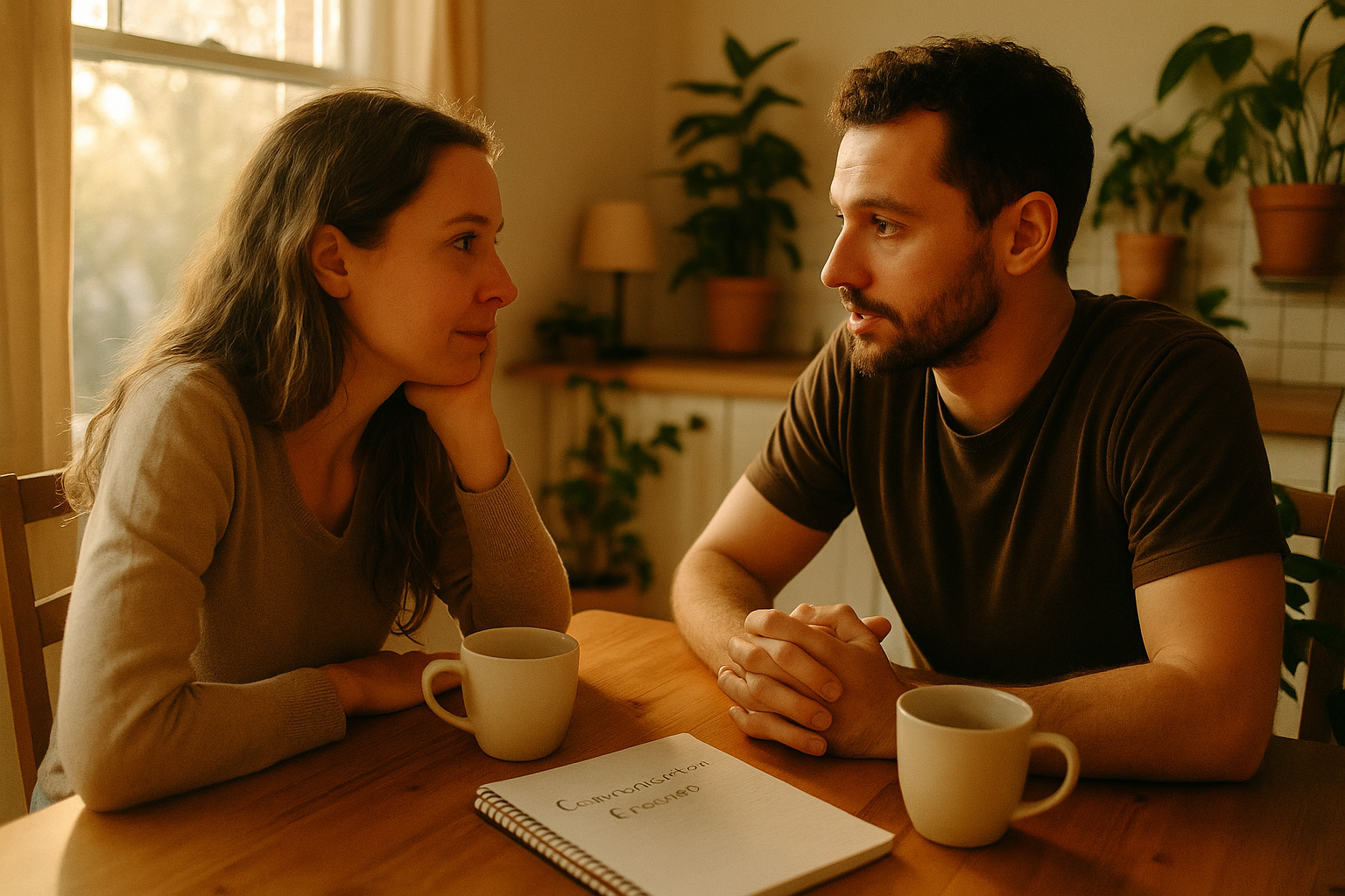 Warm intimate photograph (1536x1024) of couple having deep conversation at kitchen table, morning light streaming through window, coffee cup