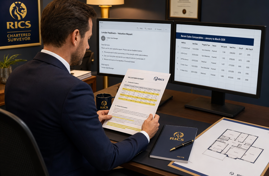 () showing a UK RICS-certified chartered surveyor at a desk in a professional office, reviewing a Red Book valuation report