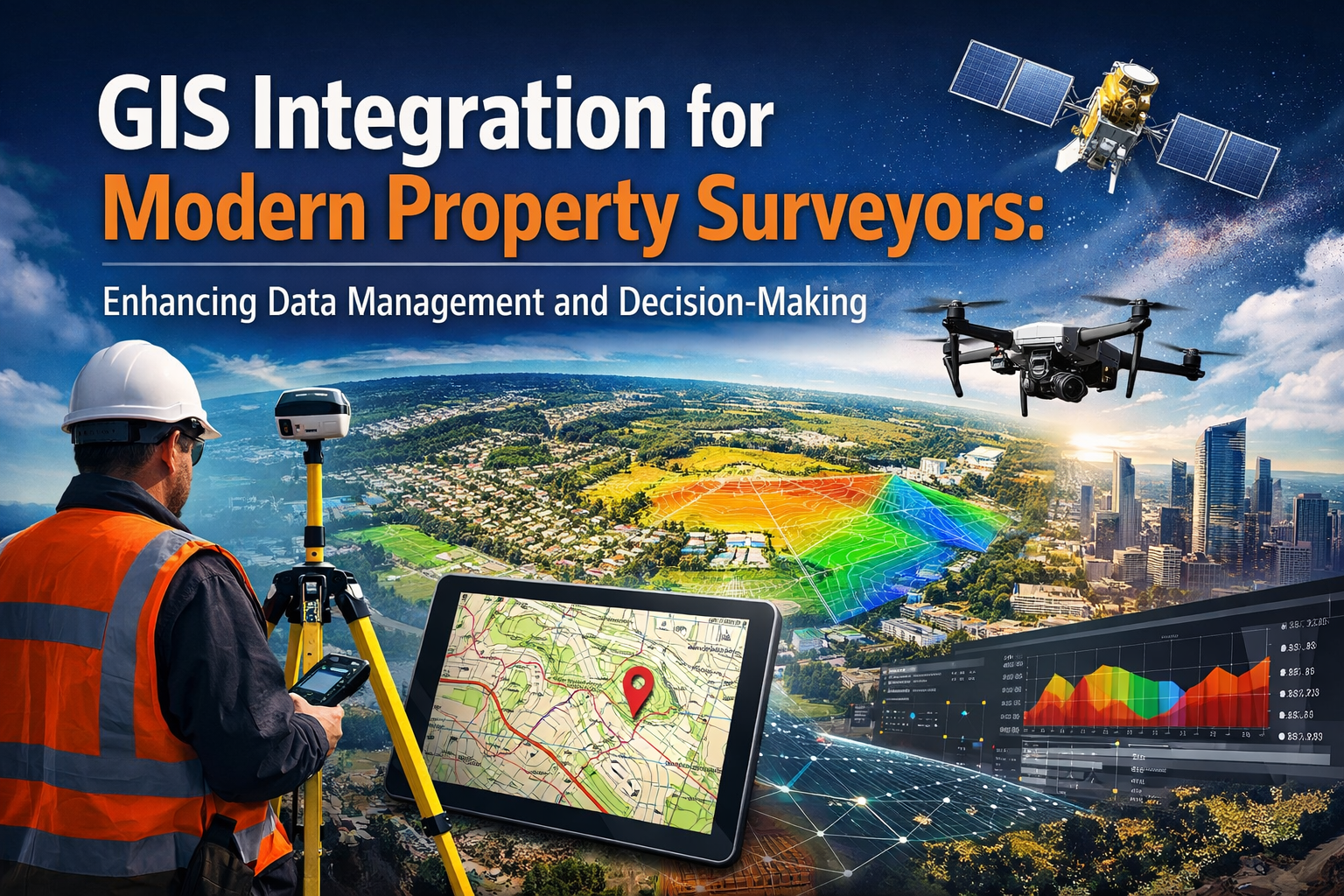 Professional landscape hero image (1536x1024) with bold text overlay: "GIS Integration for Modern Property Surveyors: Enhancing Data Managem