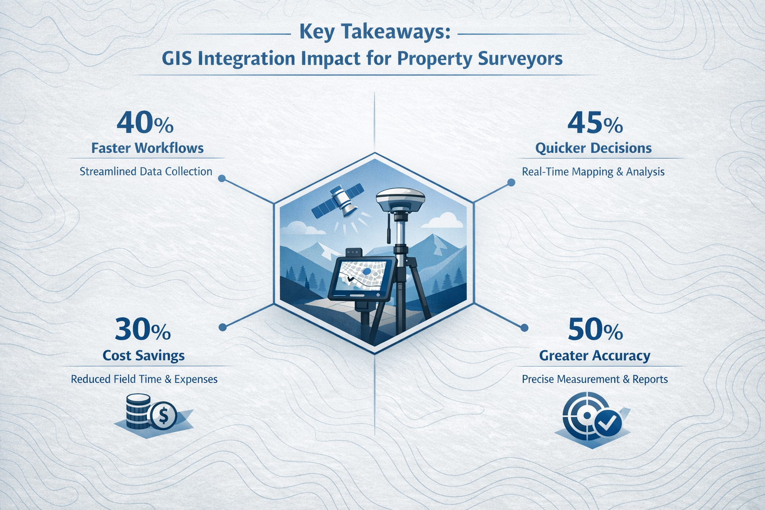 Key Takeaways section infographic visualizing GIS integration impact for property surveyors: Large central hexagonal diagram with radiating 