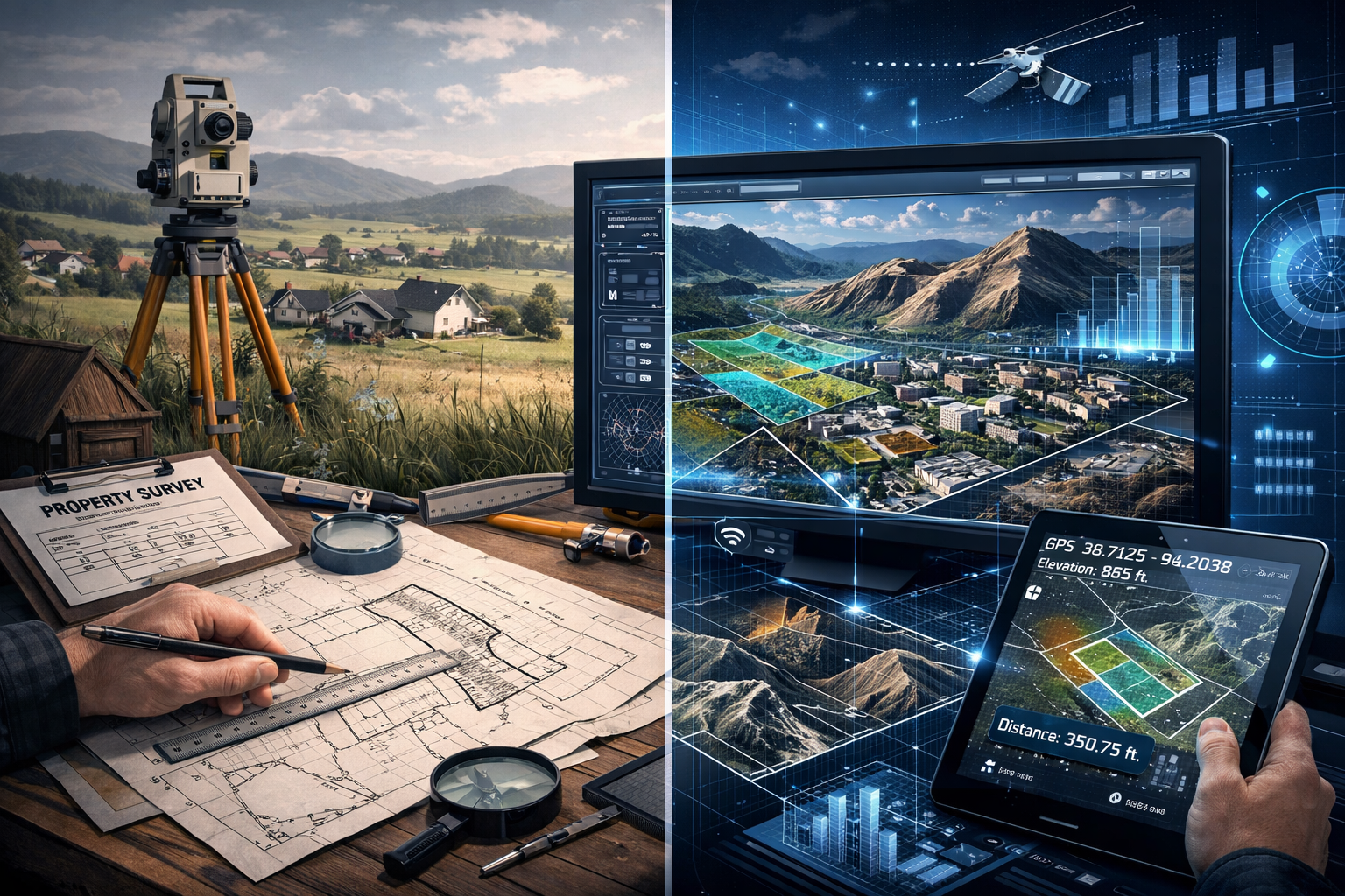 Understanding GIS Integration conceptual illustration featuring split-screen landscape: Left side showing traditional paper-based property s