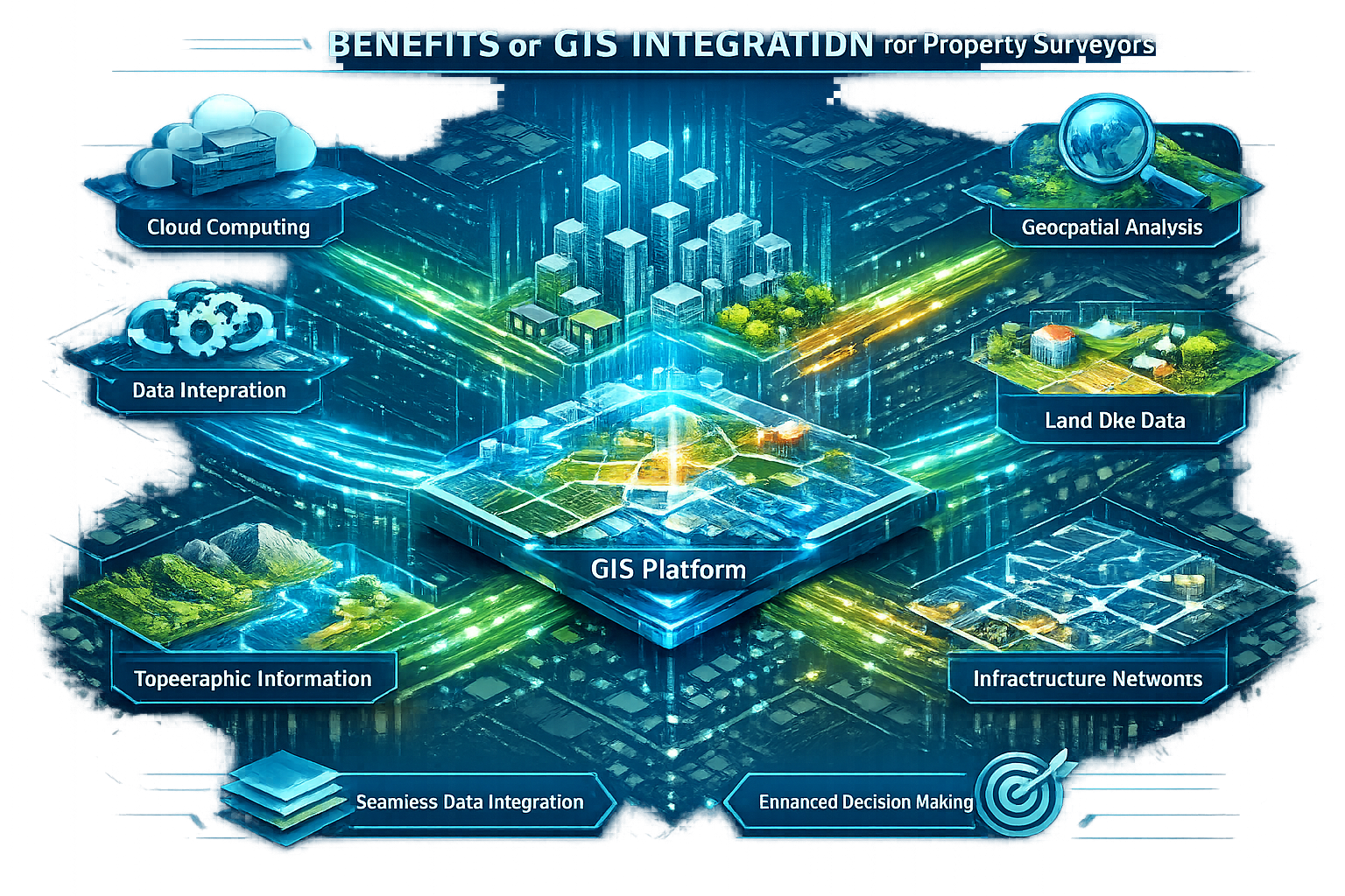 Benefits of GIS Integration data management visualization: Isometric infographic displaying interconnected data management ecosystem for pro