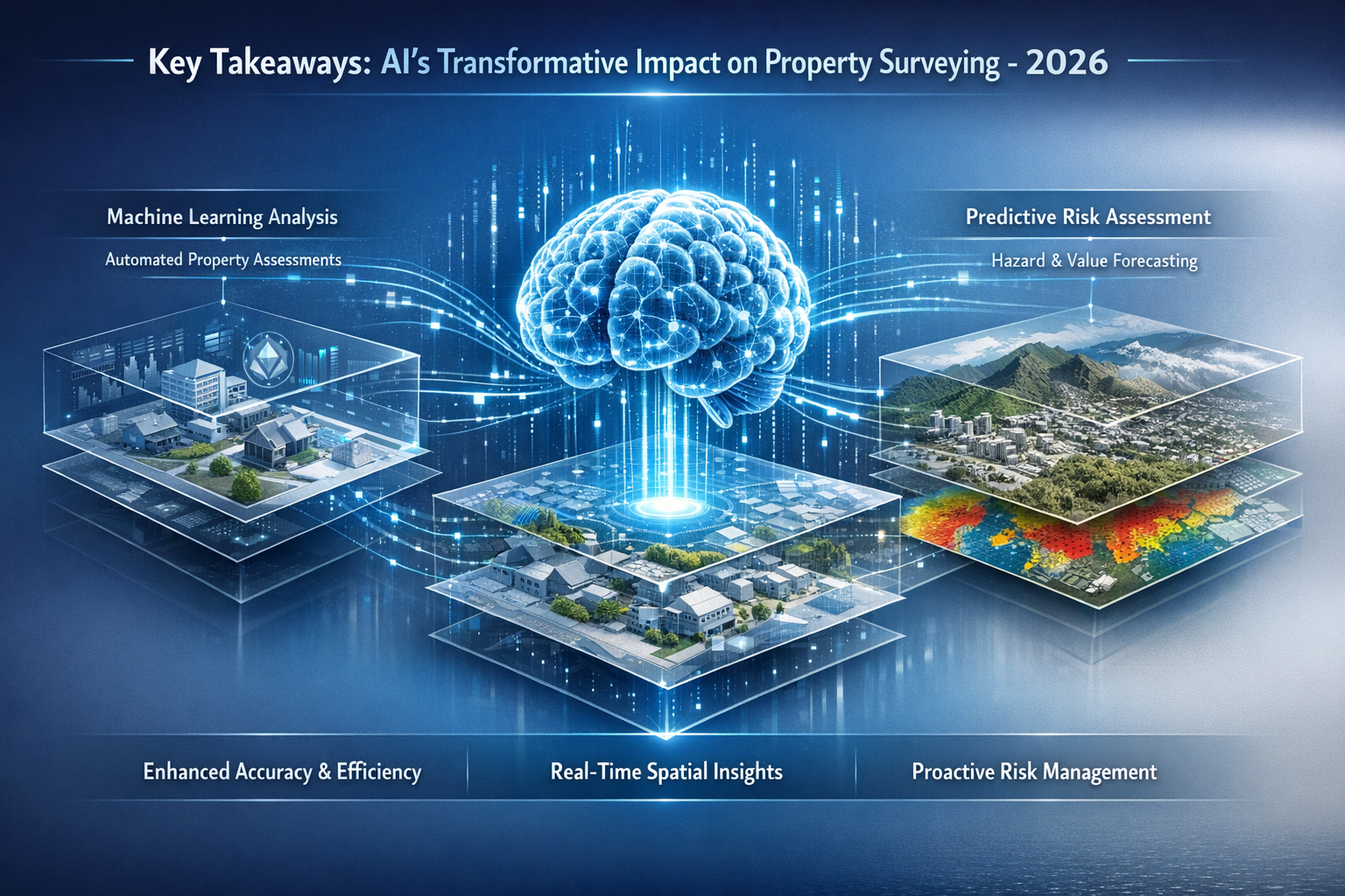 Key Takeaways section infographic depicting AI's transformative impact on property surveying: central holographic brain icon with interconne