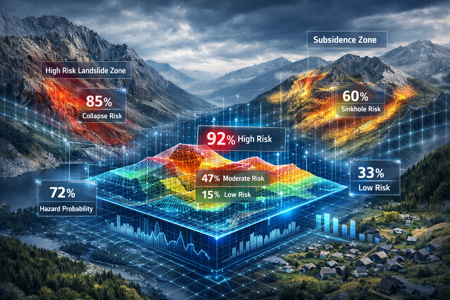 Predictive risk analysis section graphic: dramatic landscape showing potential landslide/subsidence zones, advanced AI computational grid su