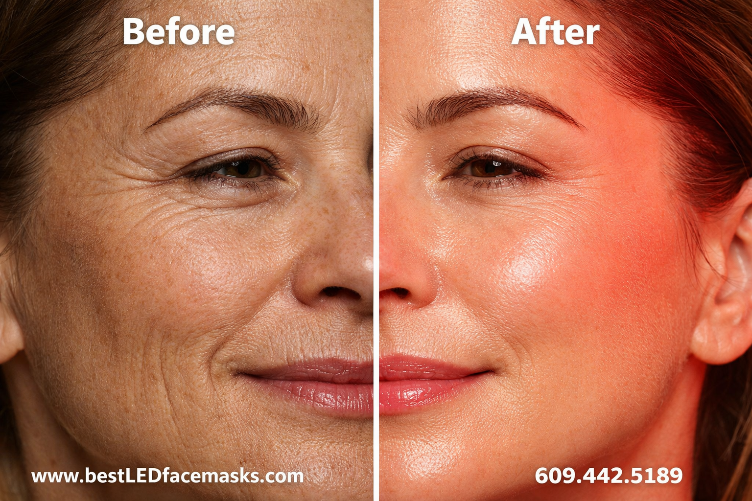 () close-up split-screen before-and-after facial skin comparison. Left side shows skin with fine lines, uneven tone, and