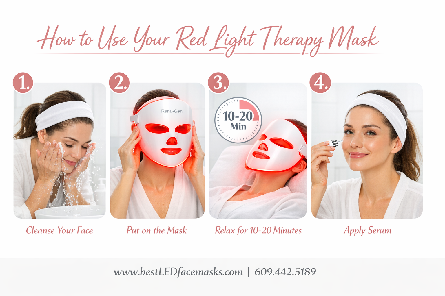 () step-by-step usage guide infographic showing a woman in a clean white bathroom applying the Renu-Gen LED red light