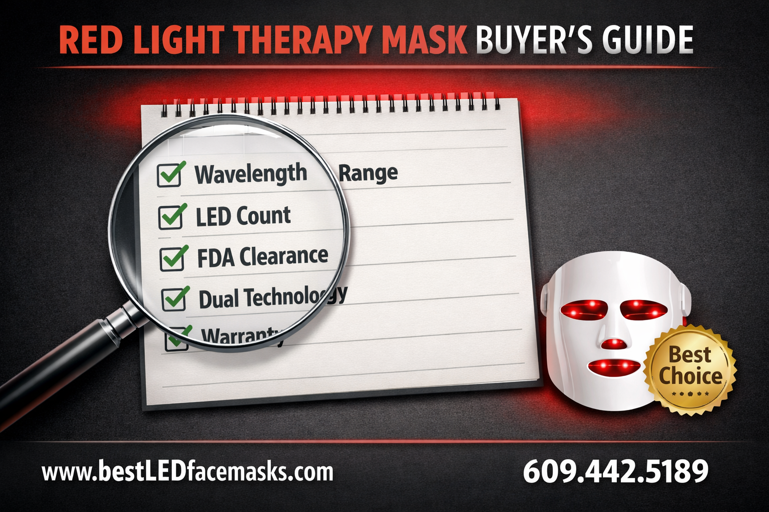 () editorial-style FAQ and buyer's guide visual showing a magnifying glass over a checklist of key red light therapy mask