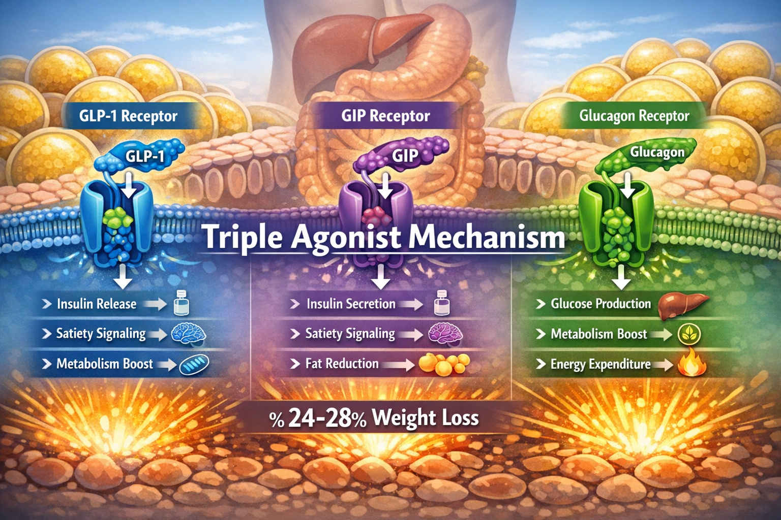 Detailed landscape format (1536x1024) scientific illustration showing three distinct hormone receptor pathways side by side: GLP-1 receptor 