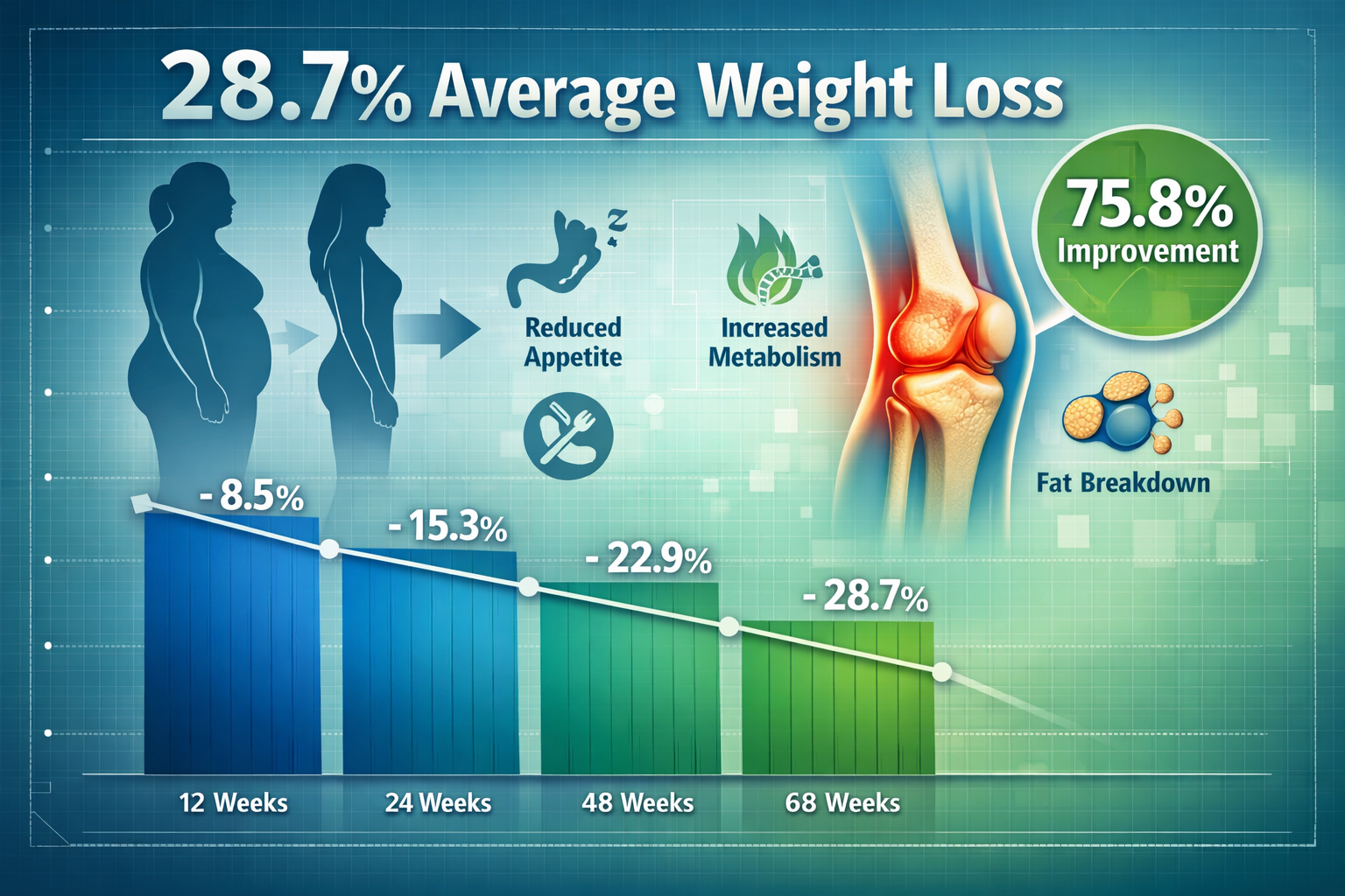 Detailed landscape format (1536x1024) before-and-after comparison visualization showing weight loss progression timeline at 12, 24, 48, and 