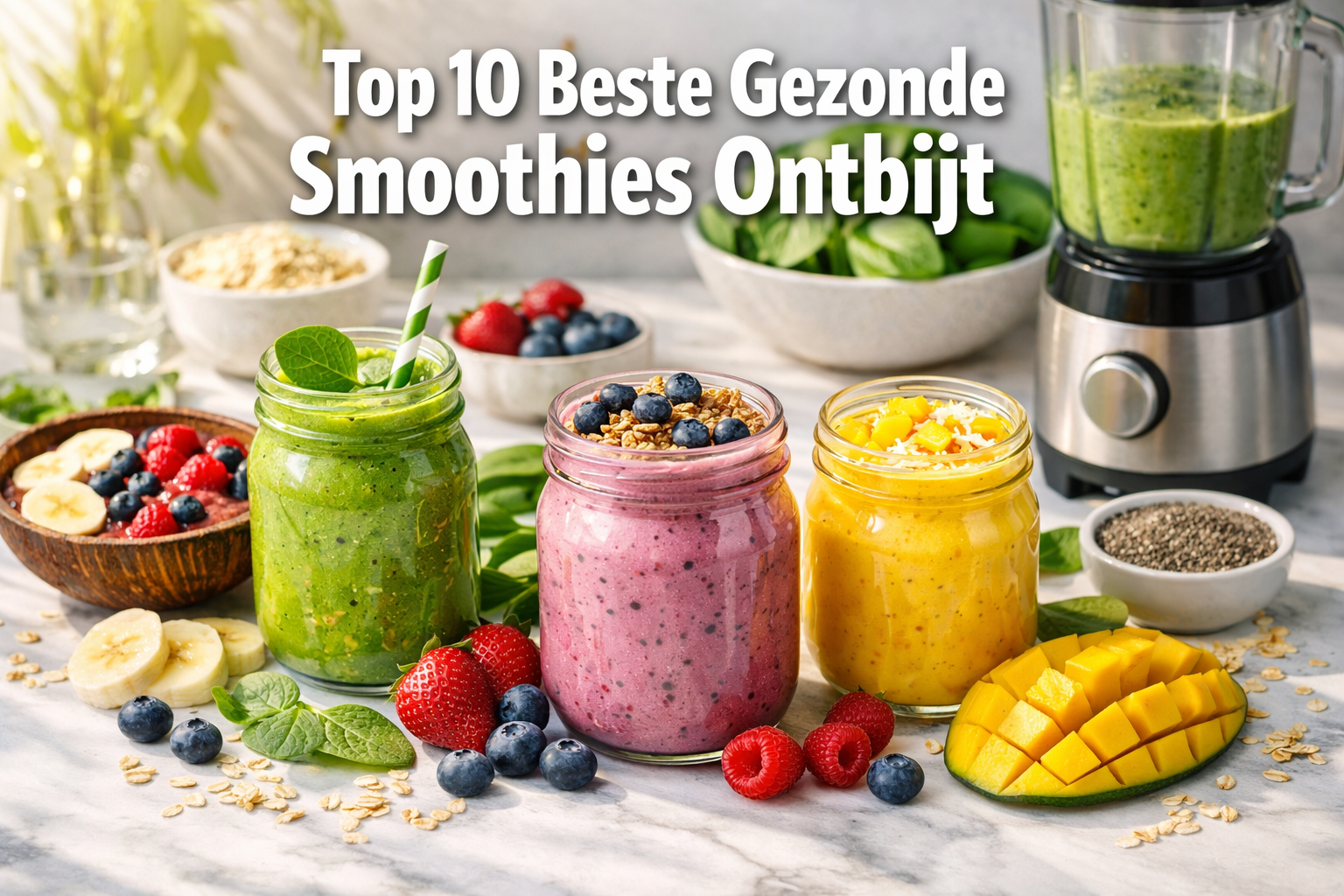 Professional landscape hero image (1536x1024) featuring bold text overlay 'Top 10 Beste Gezonde Smoothies Ontbijt' in extra large 72pt white