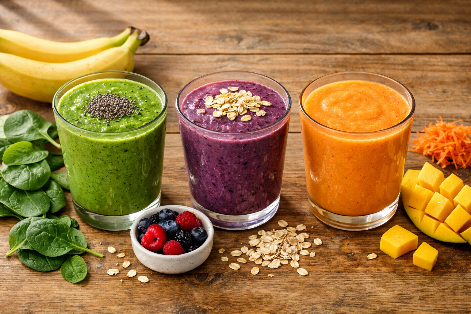 Detailed editorial landscape image (1536x1024) showing three different smoothie glasses side by side on wooden breakfast table with morning