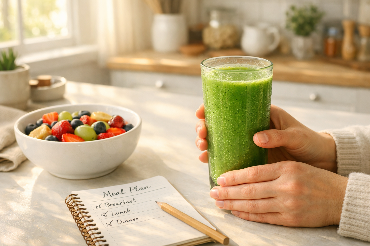 Lifestyle landscape image (1536x1024) featuring peaceful morning breakfast scene with person (hands visible only) holding tall glass of gree