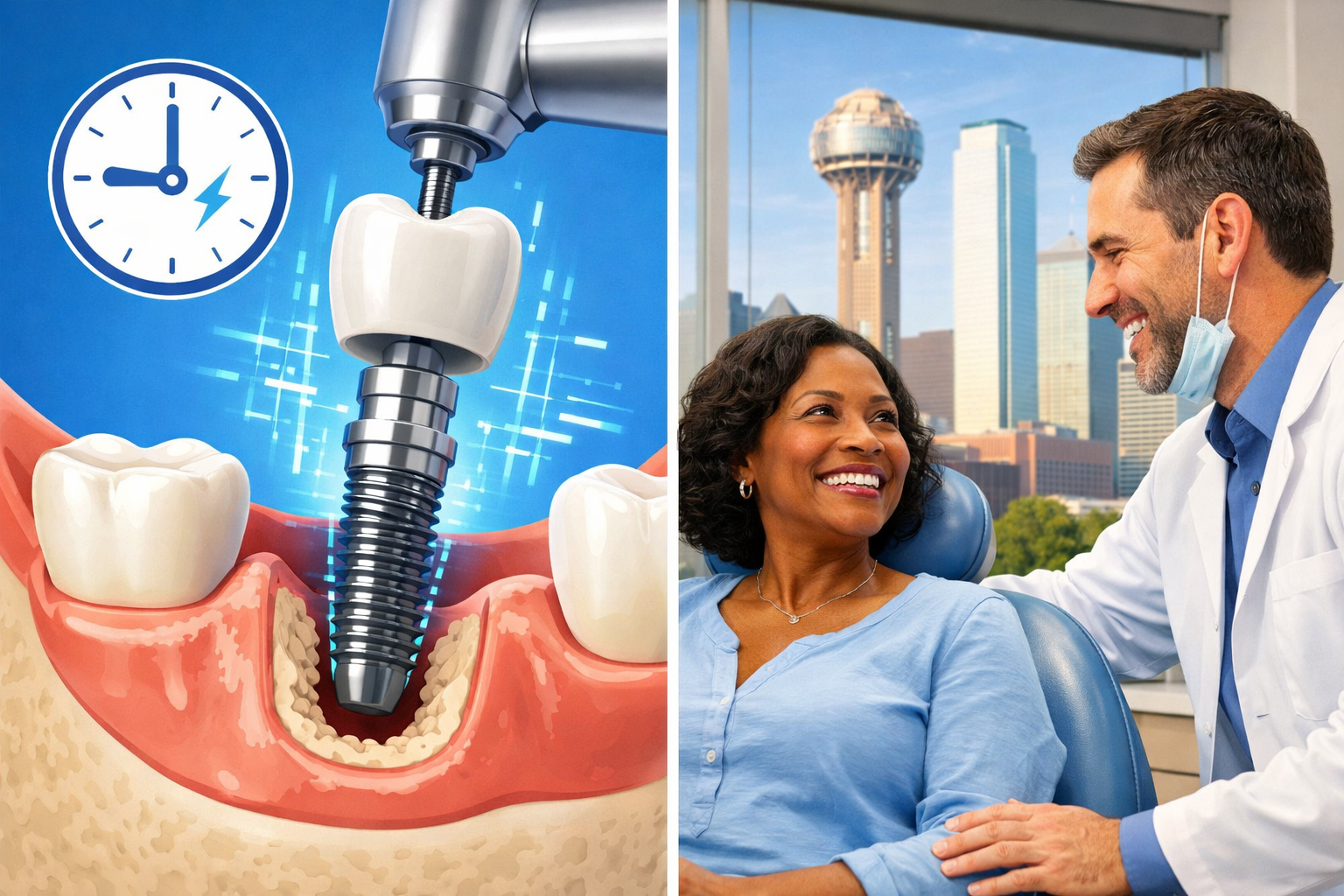 A split-screen composition in () illustrating the concept of 'same-day dental implants' on one side and a patient-focused