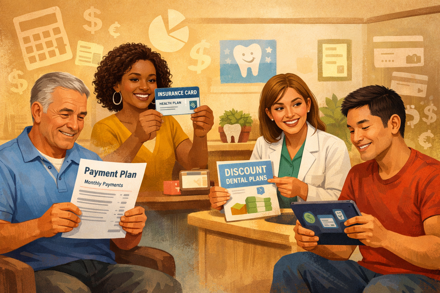 An illustration in () depicting a diverse group of patients, each demonstrating a different method of making dental implants