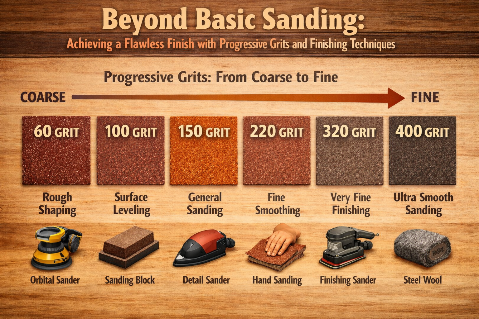 Detailed () image focusing on a clear, vibrant infographic comparing different sandpaper grit types (e.g., 60, 100, 150,