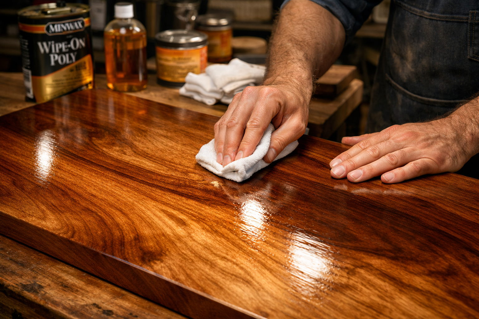 A dynamic () image showcasing a woodworker applying a finishing technique (e.g., wipe-on poly, oil finish) to a perfectly