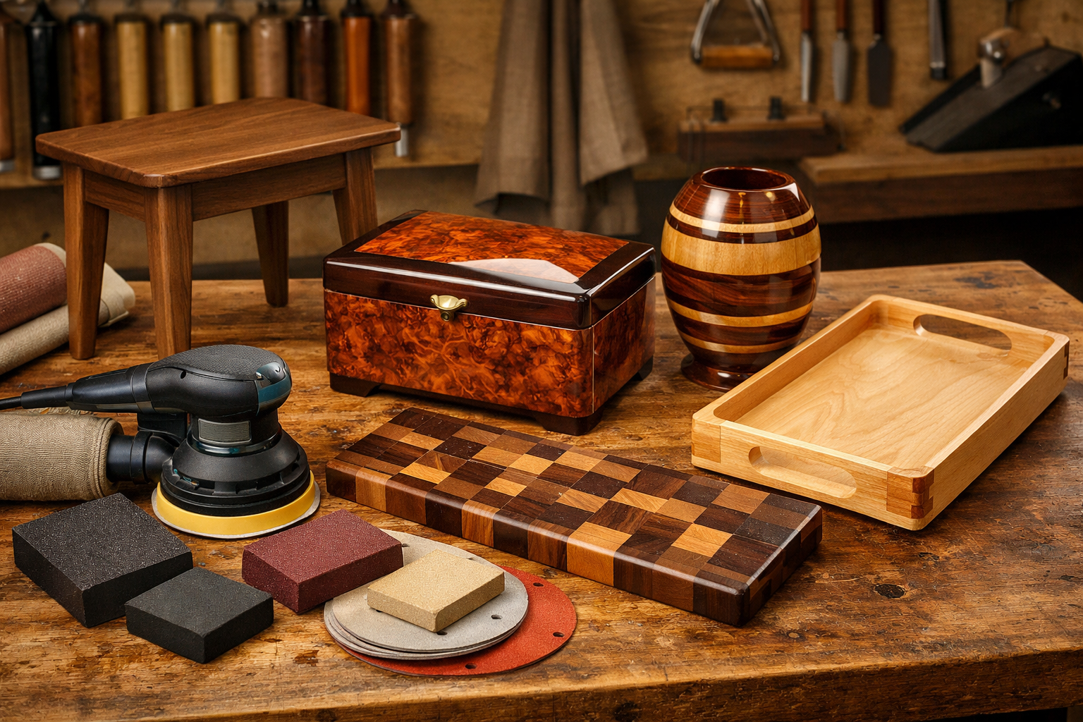 An inspiring () image featuring a collection of finished wooden objects (e.g., a small table, a cutting board, a decorative