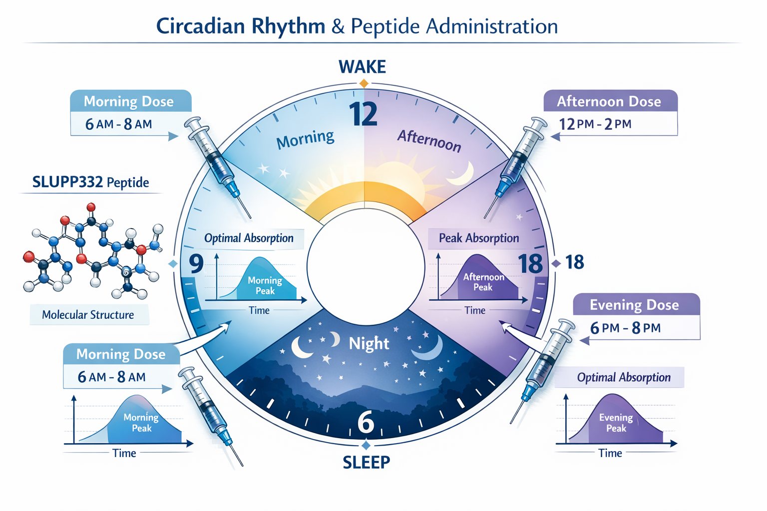 Detailed scientific illustration showing circadian rhythm clock diagram with 24-hour cycle marked in segments, overlaid with peptide adminis