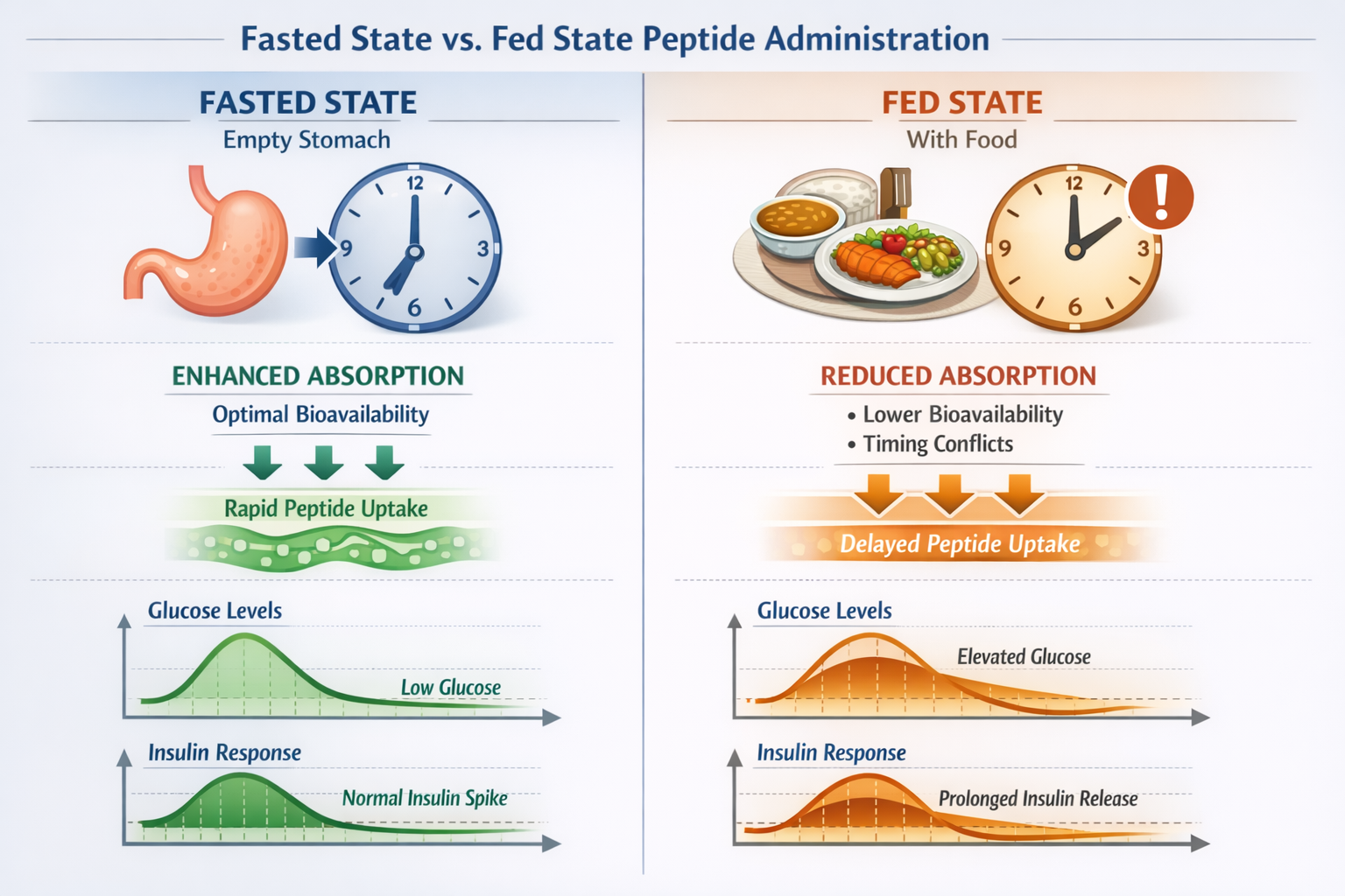 Split-screen comparison infographic displaying fasted state versus fed state peptide administration. Left side shows empty stomach icon with