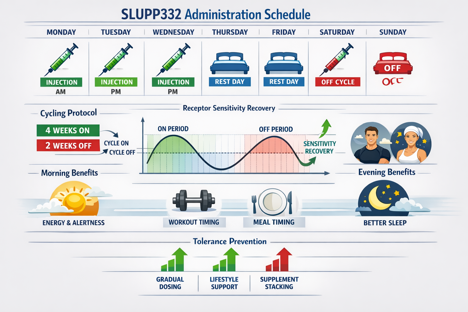 Comprehensive visual timeline chart showing weekly SLUPP332 administration schedule across 7 days. Include color-coded injection timing mark