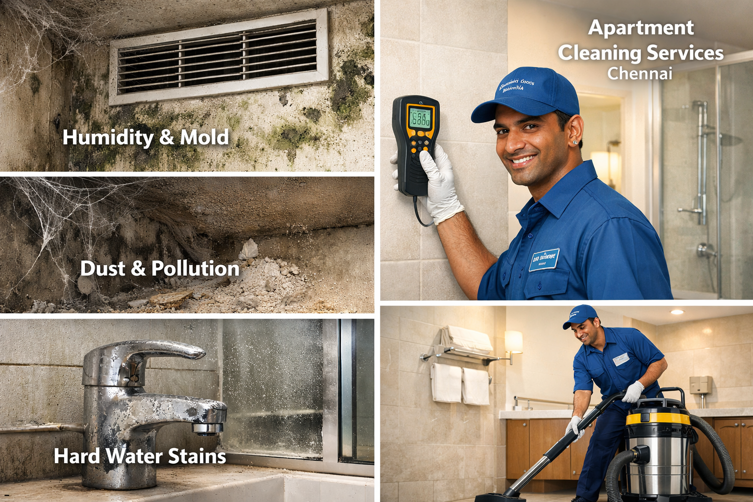 A detailed editorial-style image (1536x1024) illustrating common Chennai-specific apartment cleaning challenges. The image should feature a