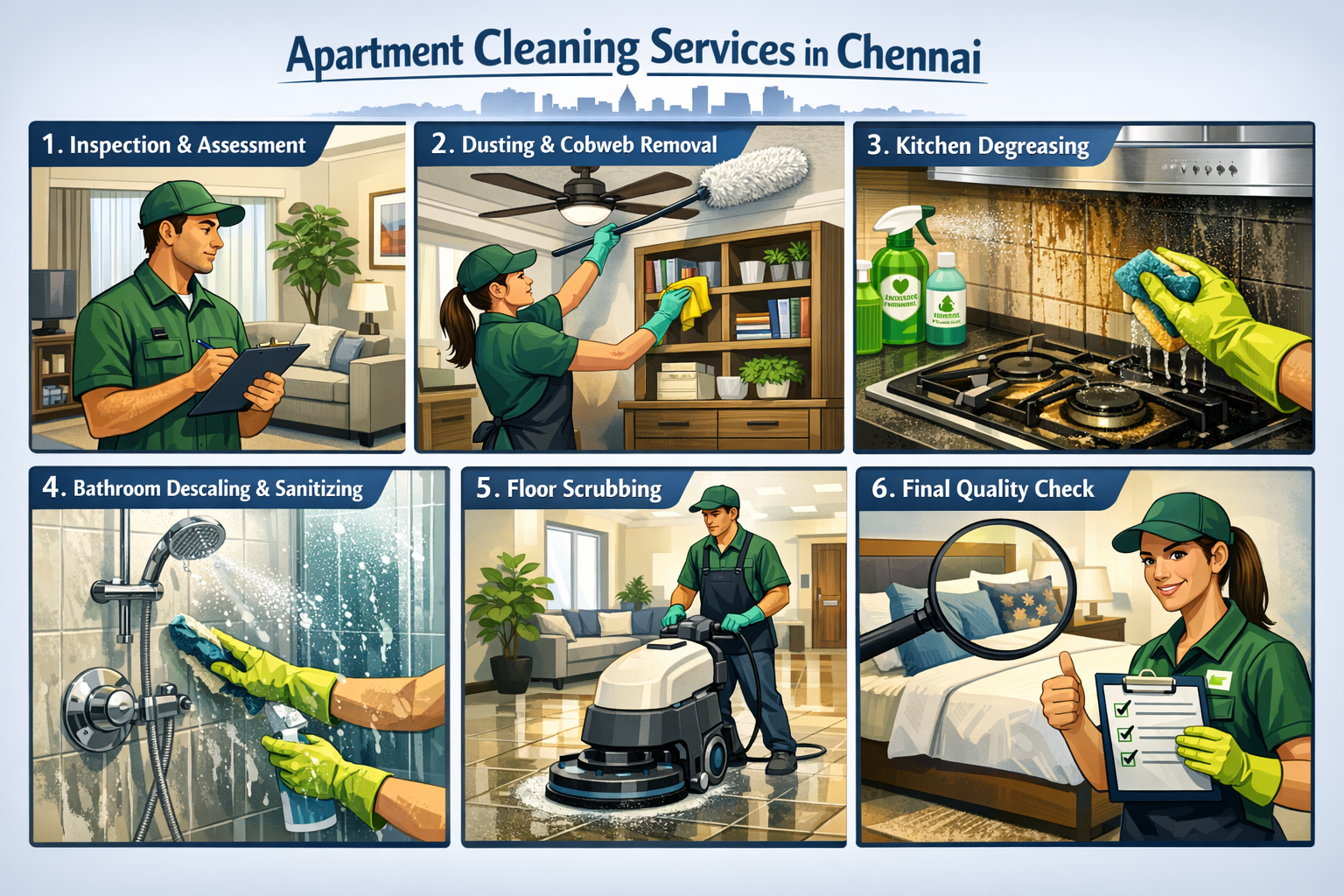 A visual (1536x1024) depicting the step-by-step professional cleaning workflow for Apartment Cleaning Services in Chennai. This should be a