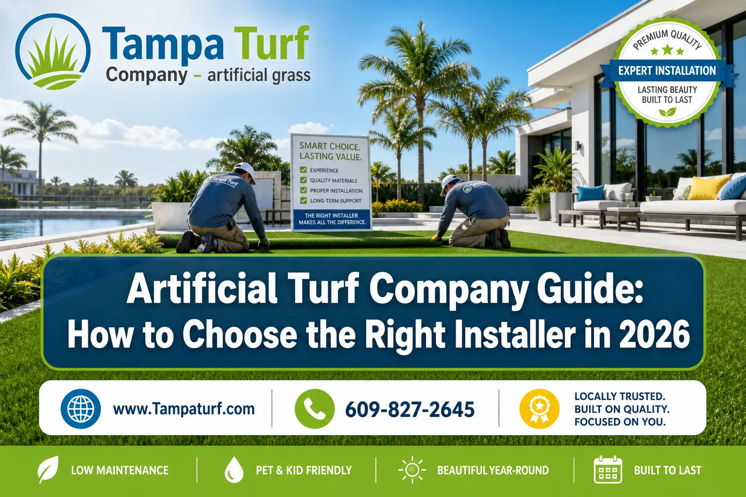 A reading "Artificial Turf Company Guide: How to…". CRITICAL TYPOGRAPHY RULES: render the text on 1–2 lines, centered, with