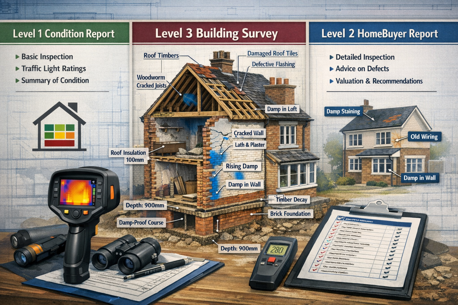 Comprehensive () technical illustration comparing three RICS survey levels in side-by-side format. Center panel emphasizes
