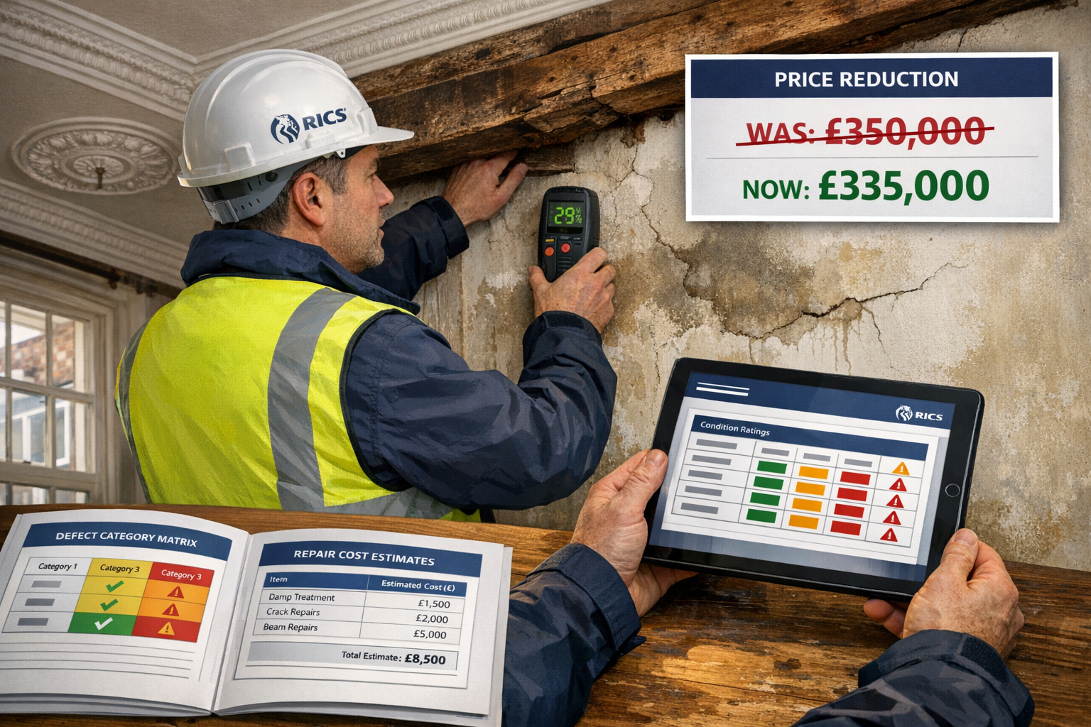 Professional () image depicting practical risk assessment scenario during Level 3 survey inspection. Main composition shows