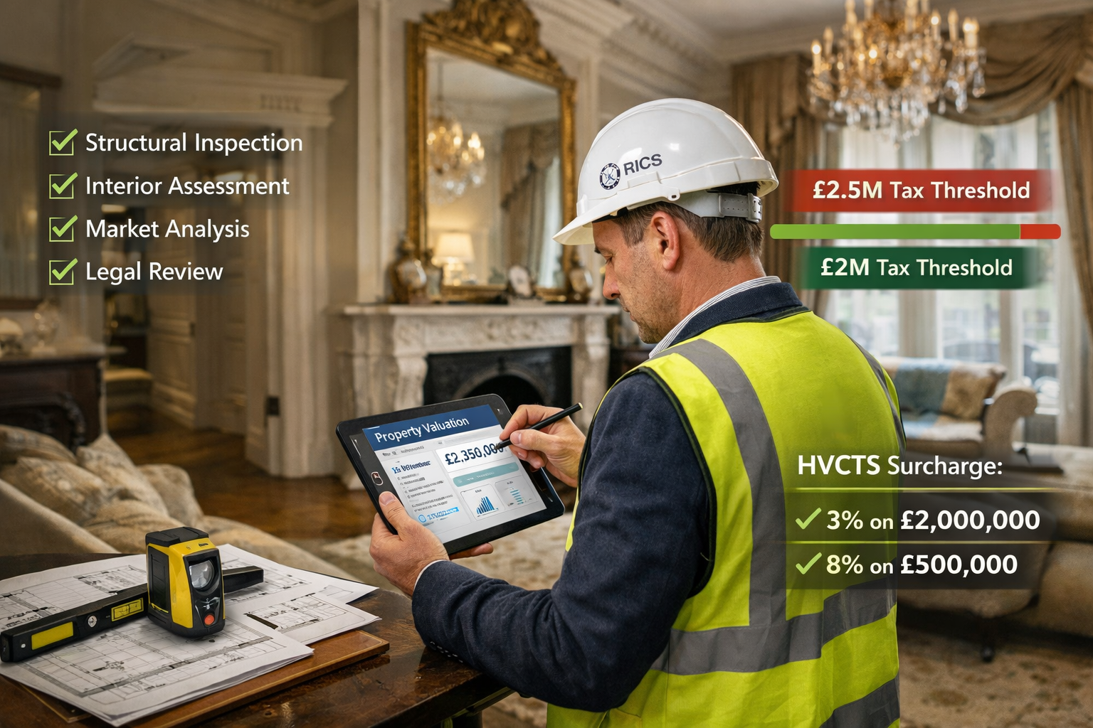 Detailed () image showing RICS-qualified surveyor conducting property assessment inside luxurious London residence valued