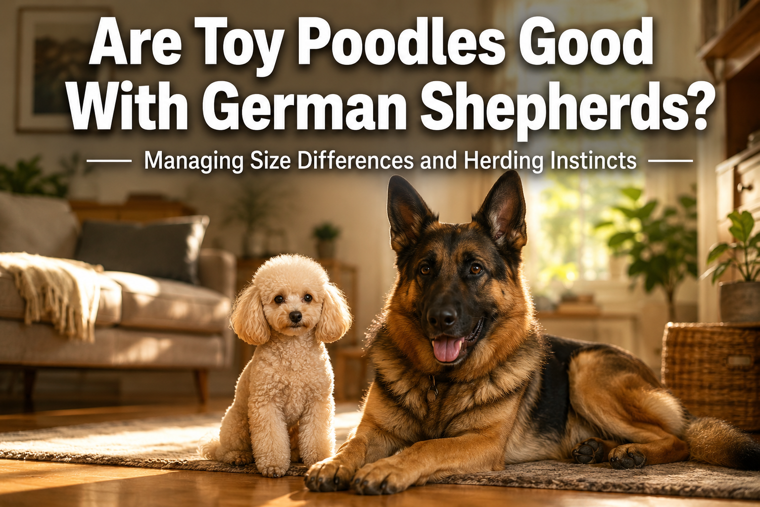 Professional () hero image featuring 'Are Toy Poodles Good With German Shepherds?' in extra large white with dark , centered