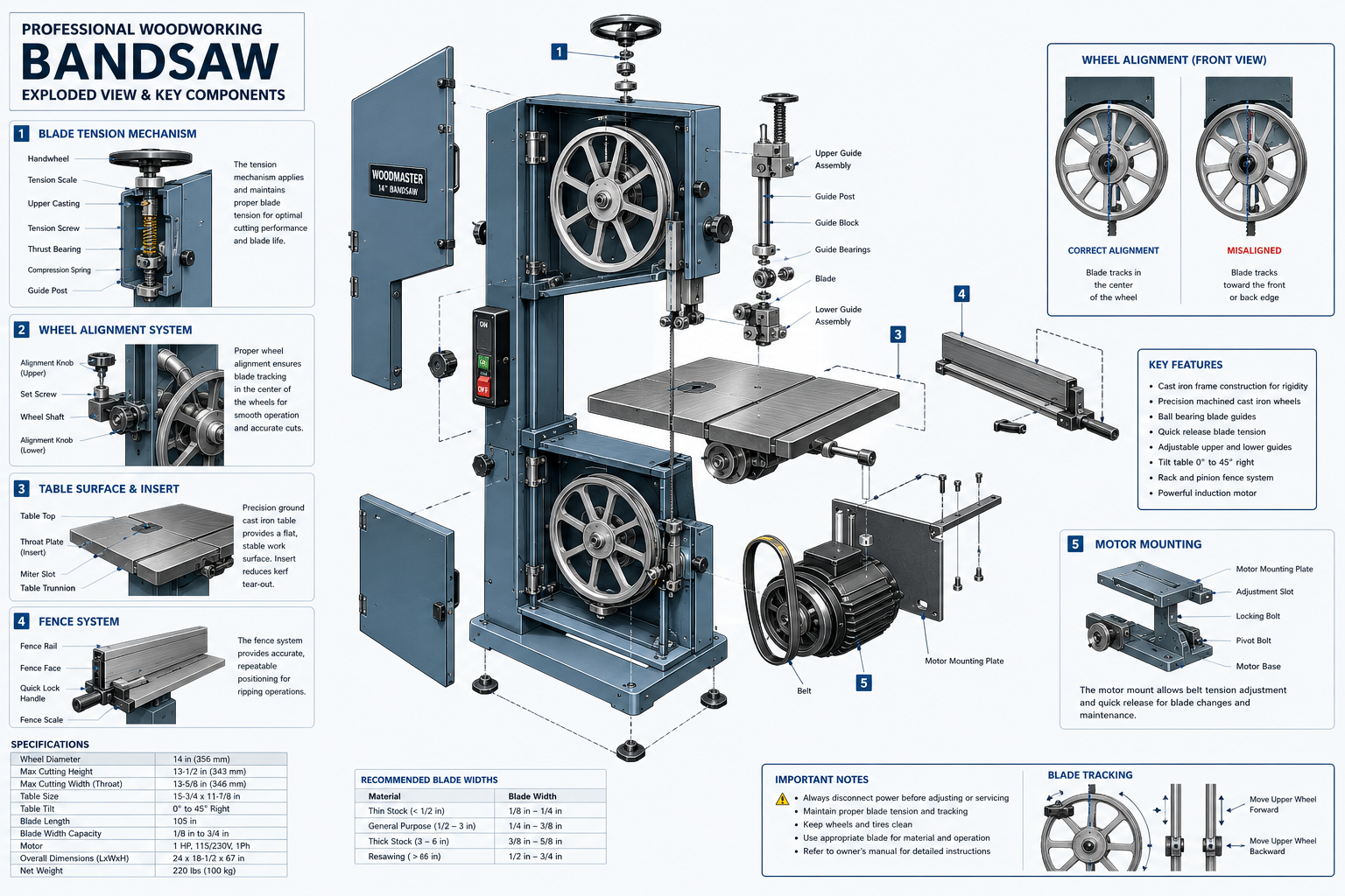 Detailed technical illustration of a professional woodworking bandsaw, exploded view diagram highlighting key components: