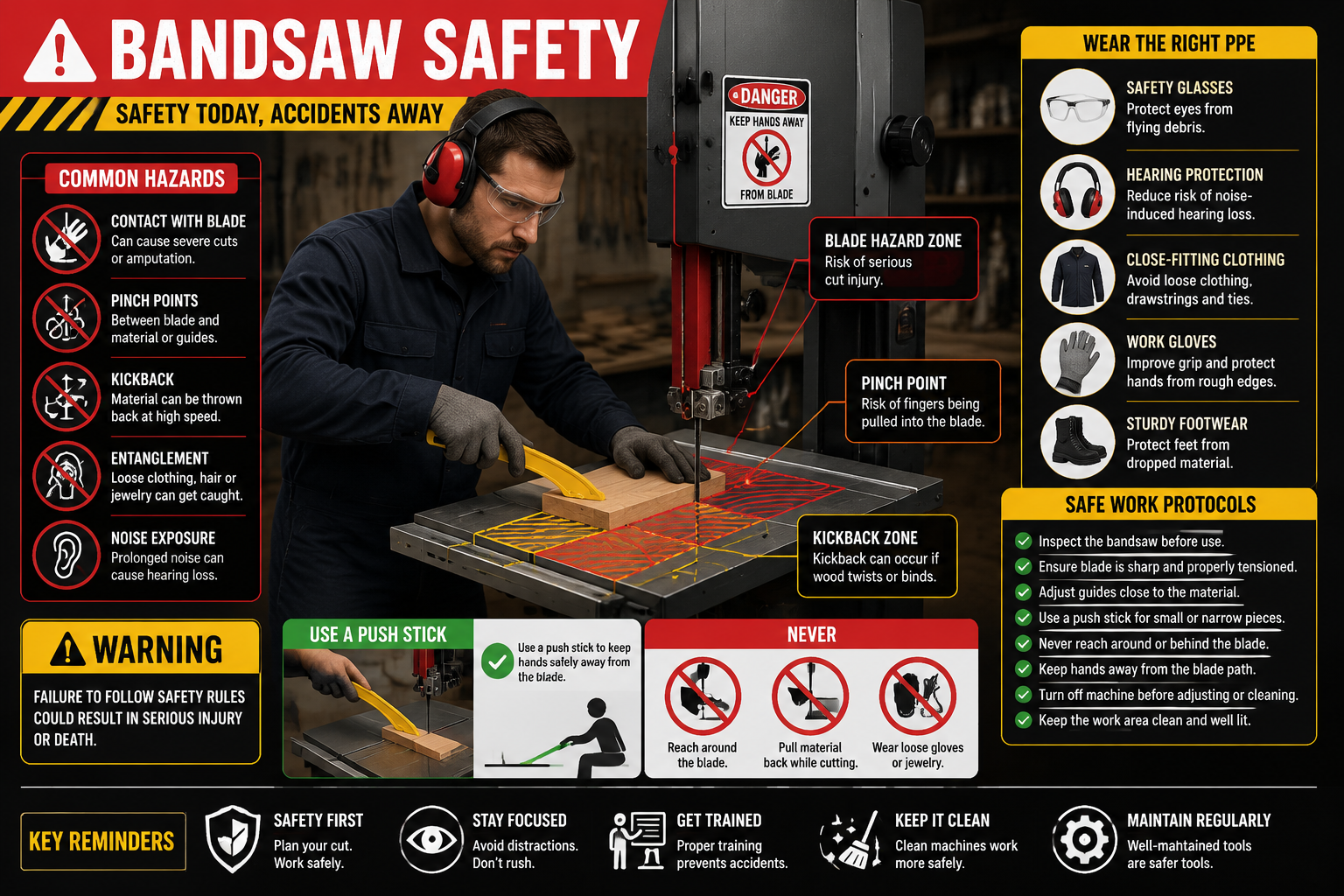 Comprehensive bandsaw safety infographic featuring worker in full protective equipment: safety glasses, hearing protection,