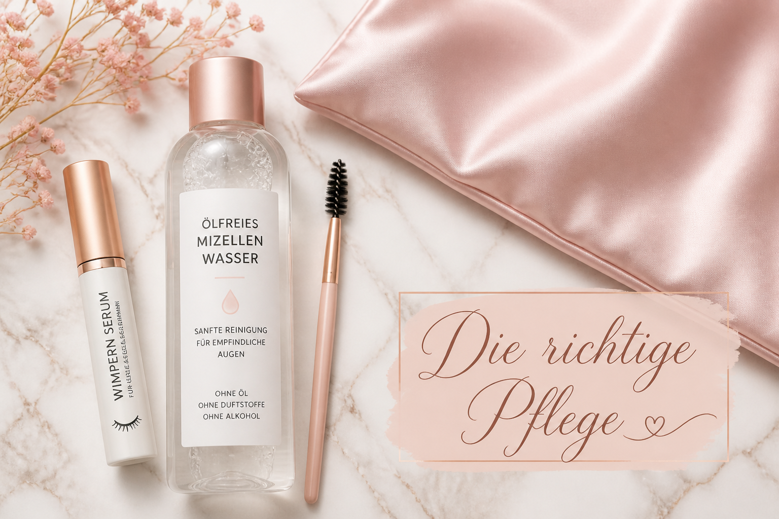() flat-lay beauty product arrangement from above: lash serum, oil-free micellar water, soft lash brush, and silk pillowcase