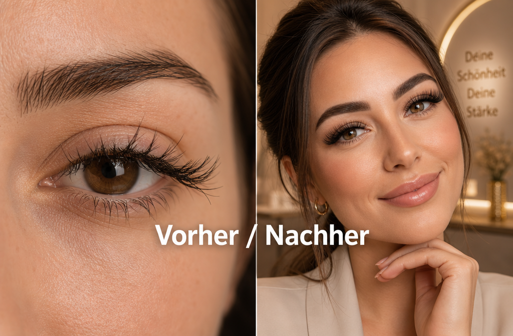 () split-scene comparison image: left side shows tangled, poorly maintained eyelash extensions with visible gaps; right side