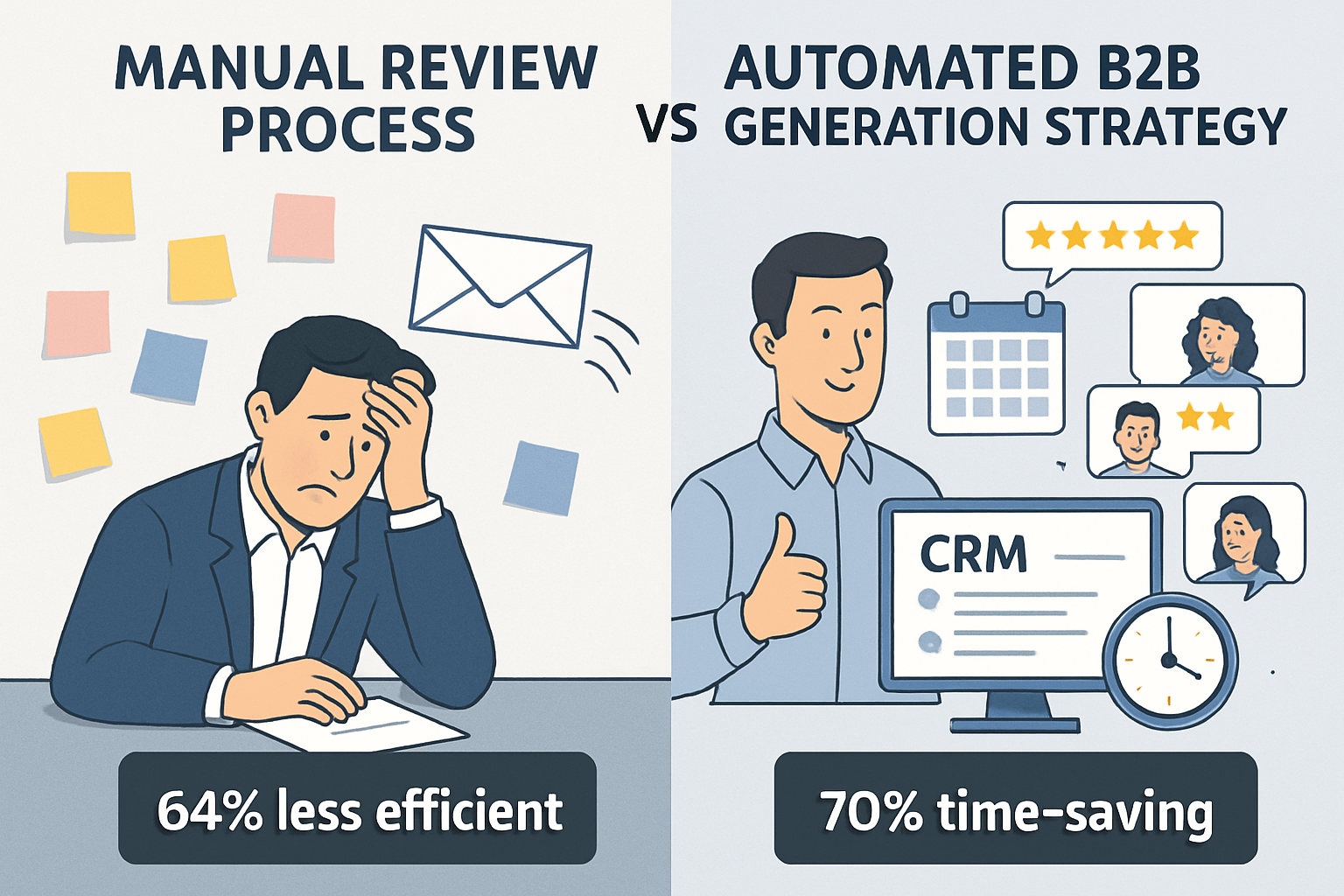 Split-screen comparison visual showing 'Manual Review Process vs Automated B2B Review Generation Strategy' with left side depicting chaotic