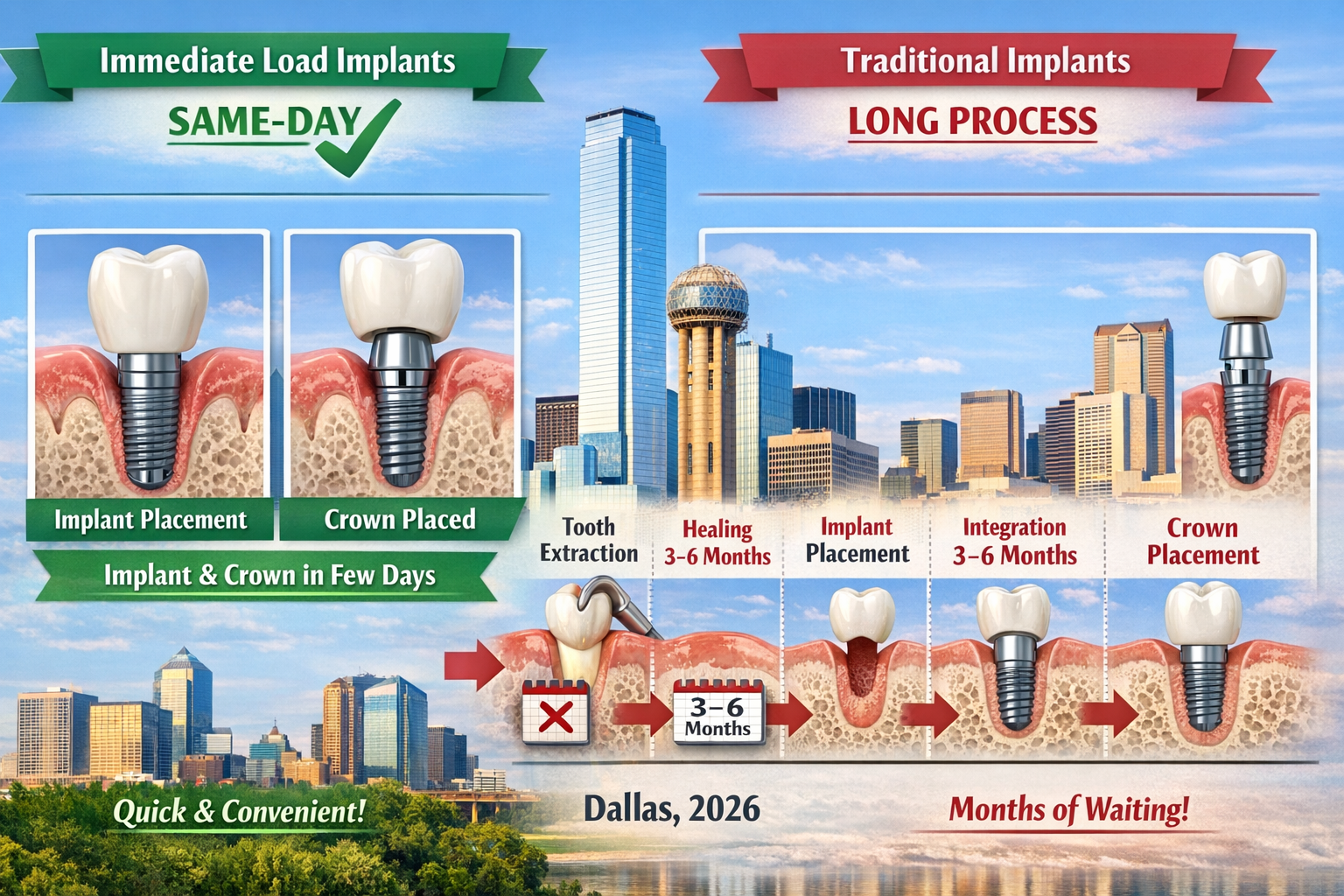 A detailed infographic landscape image (1536x1024) visually comparing the timelines of 'Immediate Load Dental Implants' vs 'Traditional Dent
