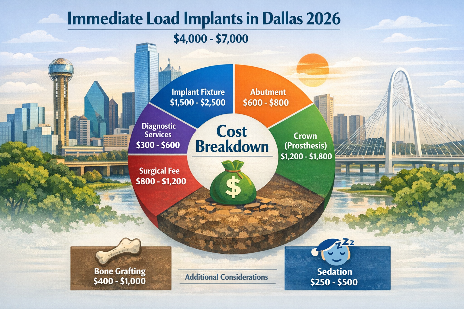 A visually engaging landscape infographic (1536x1024) illustrating the detailed cost breakdown for Immediate Load Implants in Dallas for 202