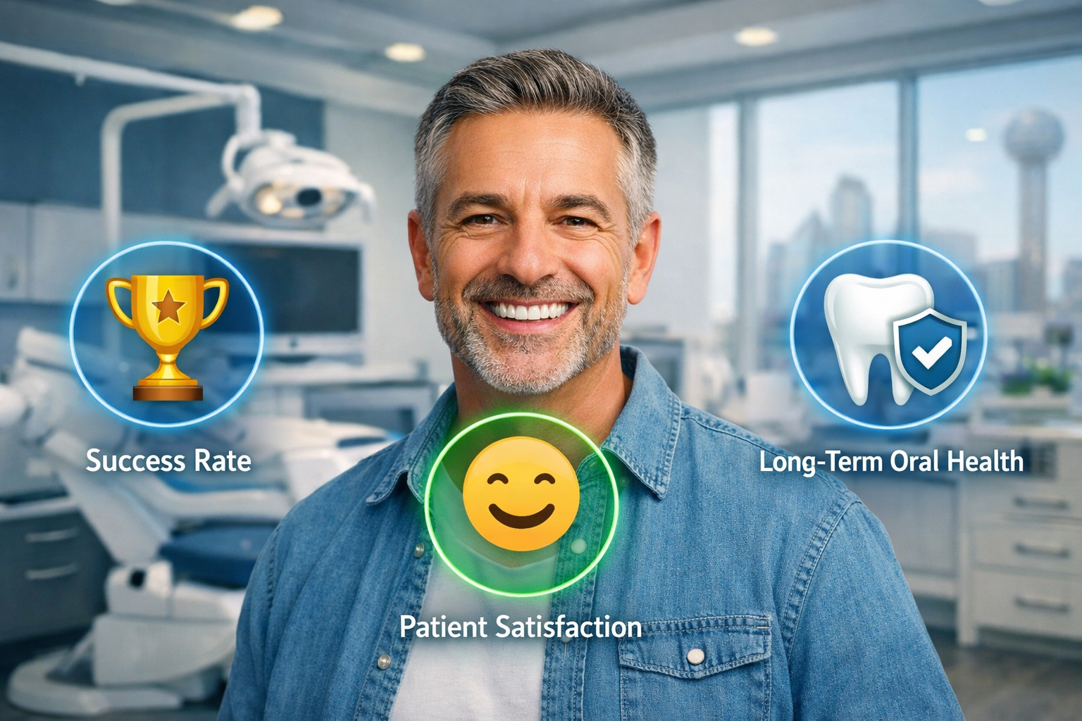 A conceptual landscape image (1536x1024) showing a confident patient smiling after receiving a dental implant, overlaid with icons represent