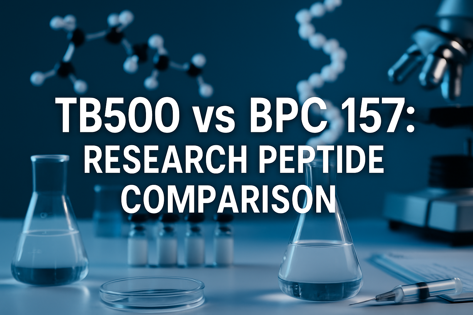 Professional landscape hero image (1536x1024) with bold text overlay 'TB500 vs BPC 157: Research Peptide Comparison' in 70pt white sans-seri