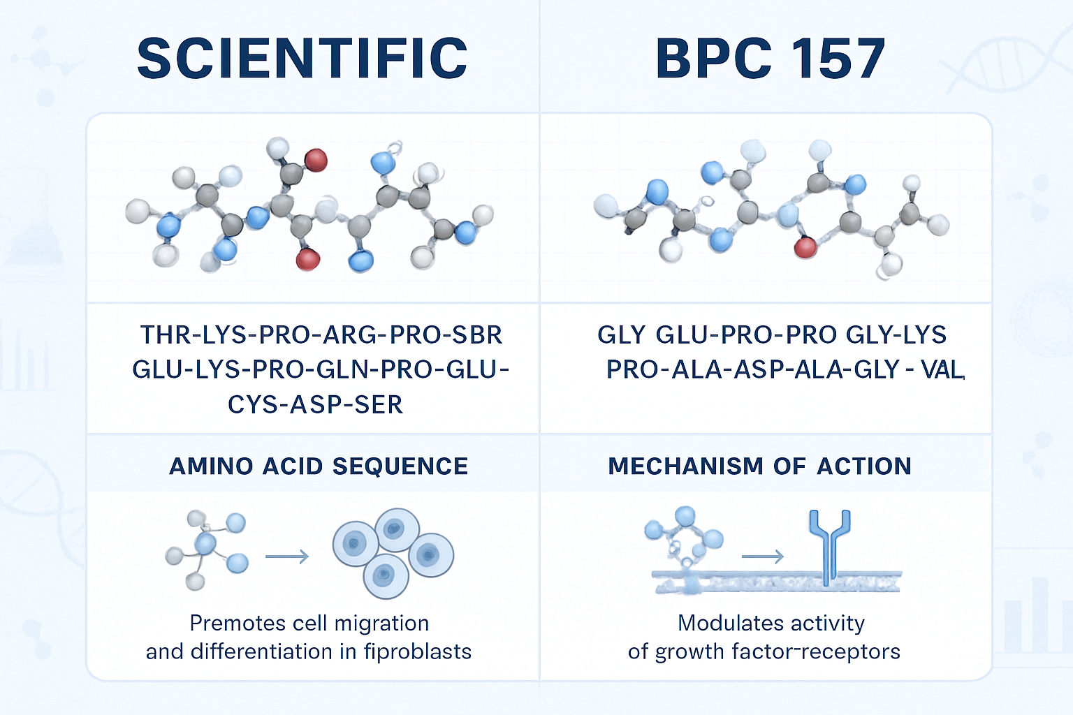 Scientific comparison infographic (1536x1024) showing TB500 and BPC 157 molecular structures side by side with detailed annotations, amino a
