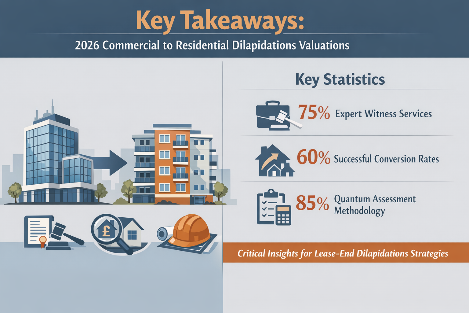Comprehensive editorial-style infographic illustrating 'Key Takeaways' for 2026 Commercial to Residential Dilapidations