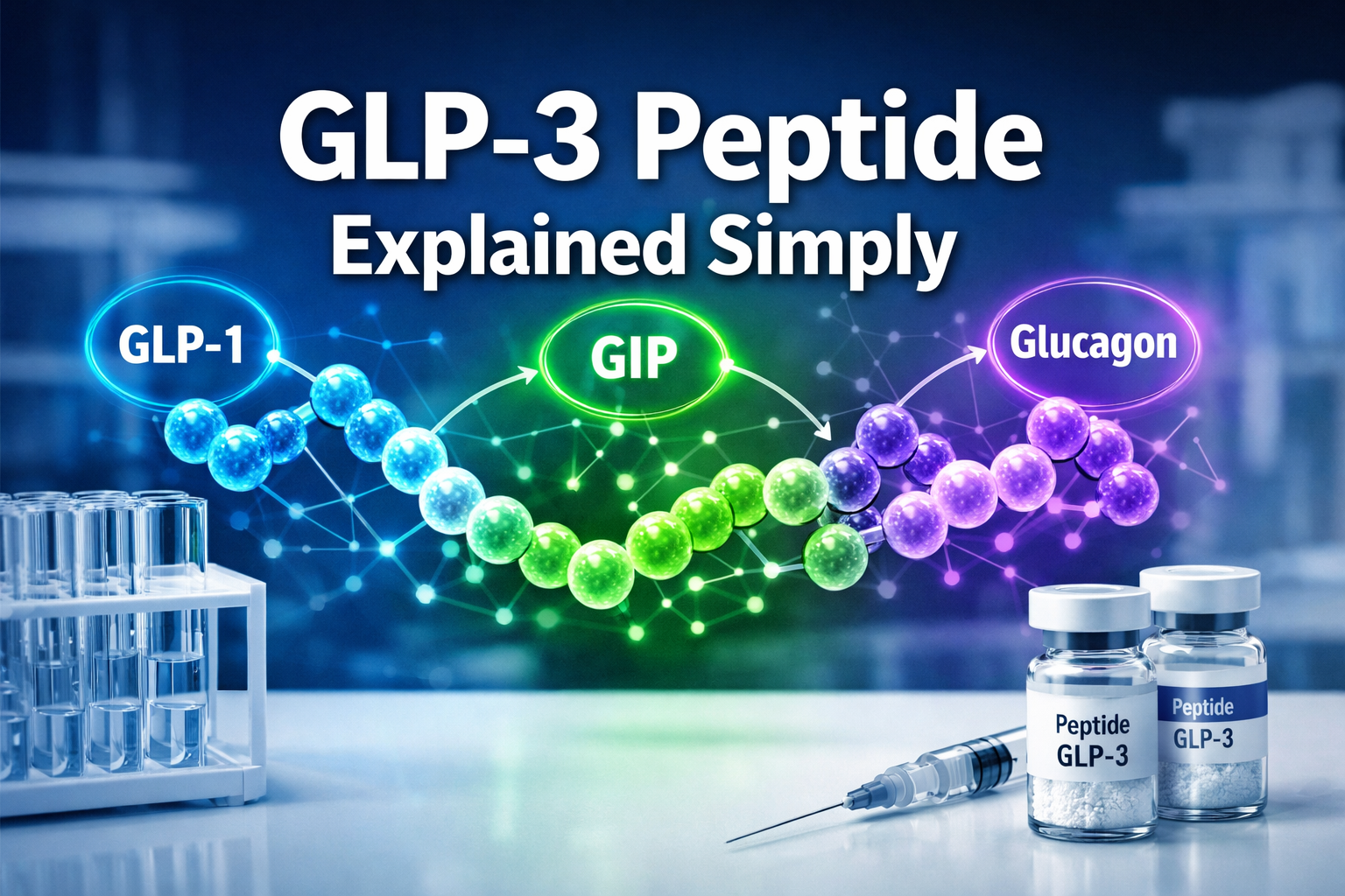 Professional landscape format (1536x1024) hero image featuring bold text overlay 'GLP-3 Peptide Explained Simply' in extra large 72pt white