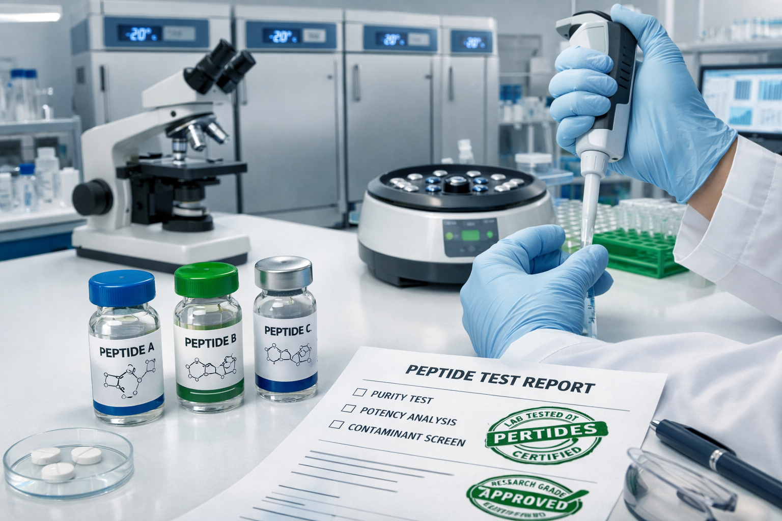 Landscape format (1536x1024) research laboratory scene showing peptide vials labeled with molecular structures, scientist hands holding test