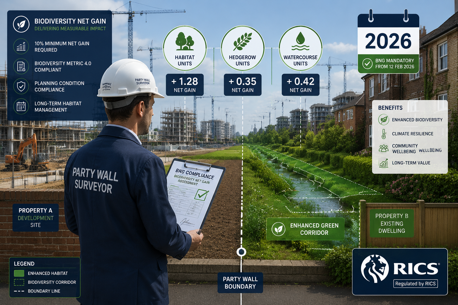 Detailed () infographic-style illustration showing a party wall surveyor in professional attire standing at a boundary line